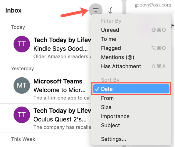 Classificar por data no Outlook no Mac