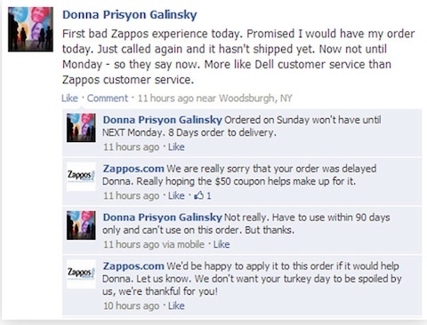 resposta do cliente zappos no facebook