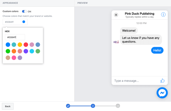 Use o Gerenciador de tags do Google com Facebook, etapa 11, opções para definir cores personalizadas para seu plug-in de bate-papo do Facebook