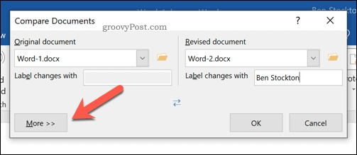 Opções adicionais para comparar documentos do Microsoft Word