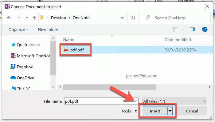 Inserindo uma impressão de arquivo no OneNote