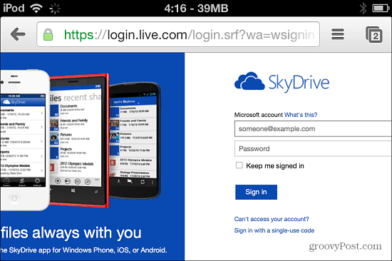 Faça login no SkyDrive