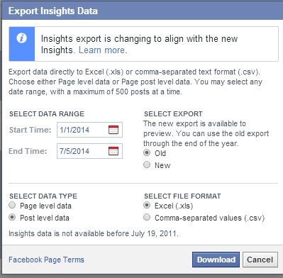 exportação de nível de postagem de insights do Facebook