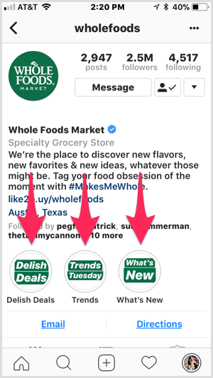 Destaques do Instagram no perfil da Whole Foods.