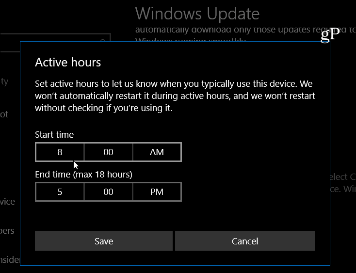 Windows 10 definir horas ativas