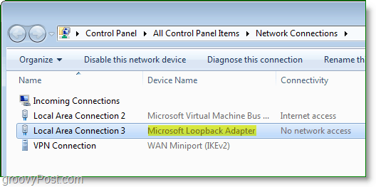 Captura de tela de rede do Windows 7 - o adaptador Microsoft Loopback visível na janela de conexões de rede