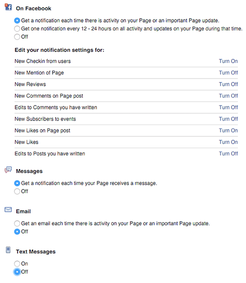 configurações de notificação de páginas do Facebook no desktop