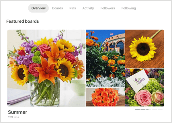 exemplo de seção de painéis em destaque para o perfil do Pinterest