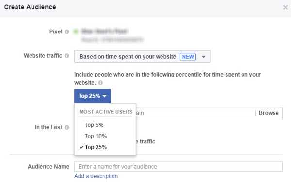 Crie um público personalizado no Facebook de pessoas que passam mais tempo em seu site.