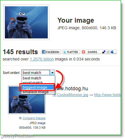 Captura de tela do TinEye - classificando os resultados da imagem
