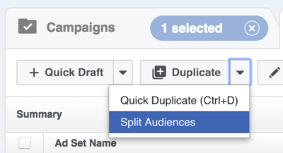 No Facebook Power Editor, clique na seta à direita de Duplicar e selecione Dividir públicos.