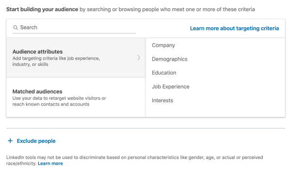 Como criar um anúncio de texto no LinkedIn, etapa 7, começar a construir seu público, opção de atributos de público