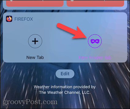 Toque em Nova guia privada no widget Firefox no iOS