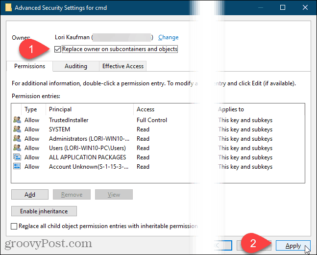 Clique em Aplicar na caixa de diálogo Configurações avançadas de segurança no Registro do Windows