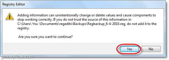 confirmar a restauração do registro do Windows 7 e Vista