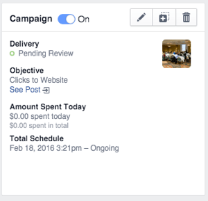 caixa de status da campanha de anúncios carrossel do Facebook