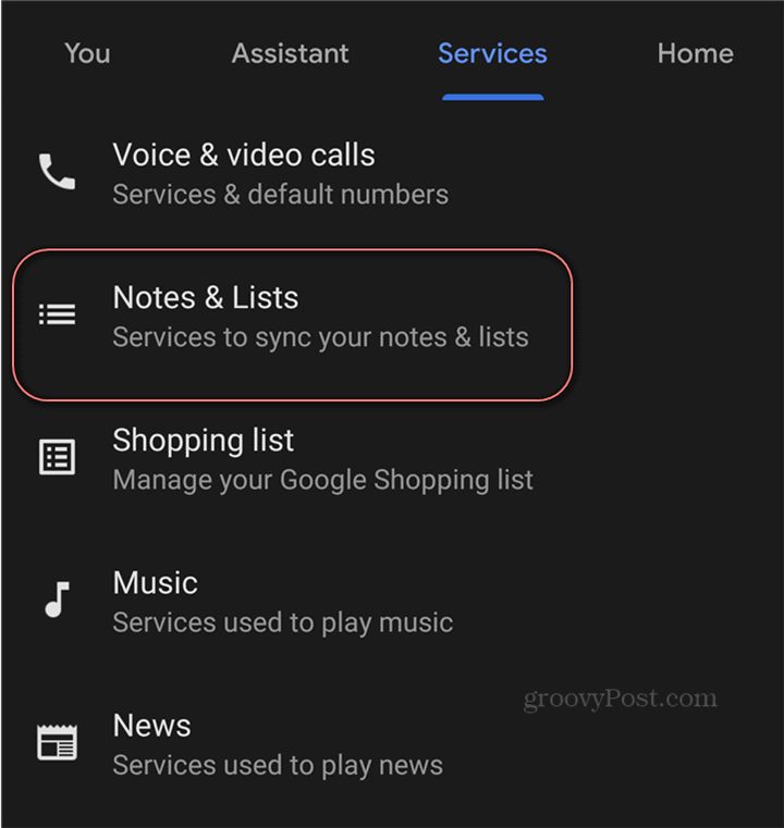 Listas de notas de configurações do Google Keep do Google Assistente