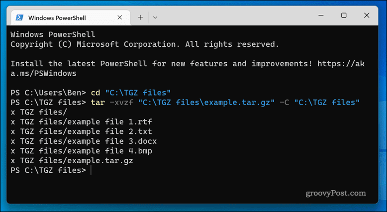 Extraindo arquivos TGZ no Windows 11 usando o aplicativo de terminal