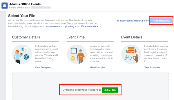 Opção de arrastar e soltar seu arquivo de dados para Facebook Ads Manager.