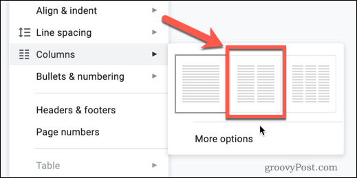 A opção Duas colunas no Google Docs