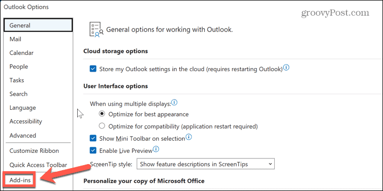 menu de suplementos do Outlook