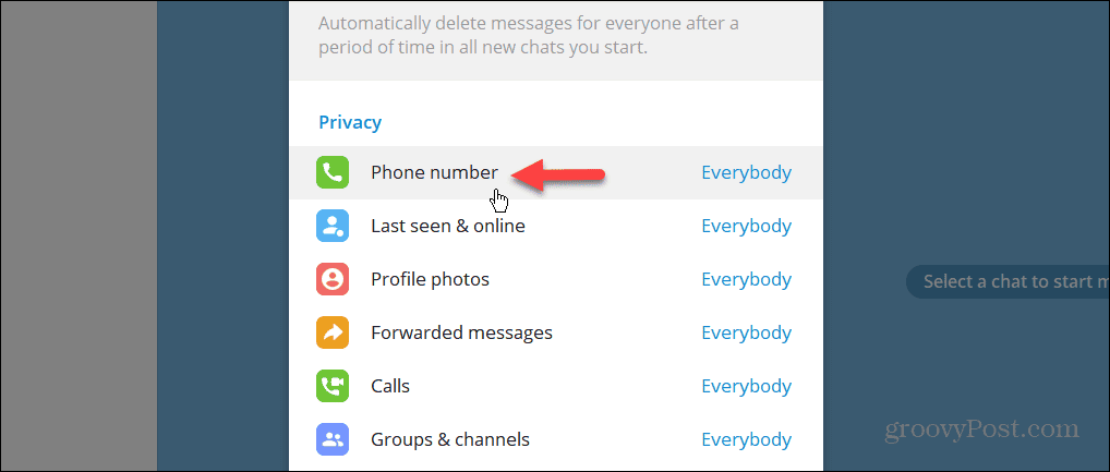 Configuração de privacidade do número de telefone no aplicativo de desktop Telegram