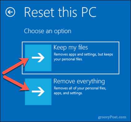 Opções para redefinir um PC com Windows 10
