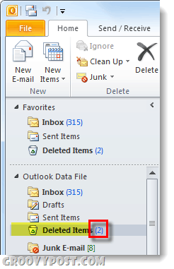 pasta de itens excluídos do Outlook 2010