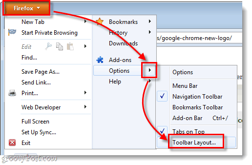 opções de menu do firefox> layout da barra de ferramentas