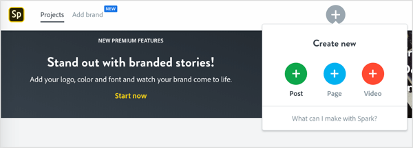 Toque no ícone + para criar uma nova postagem no Adobe Spark.