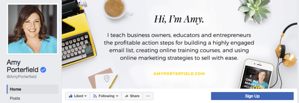 Amy Porterfield tem uma página comercial que apresenta uma foto de perfil profissional e uma página de capa que destaca os produtos e serviços que sua empresa oferece.