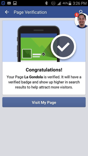 Você deve ver uma mensagem de que sua página do Facebook foi verificada.
