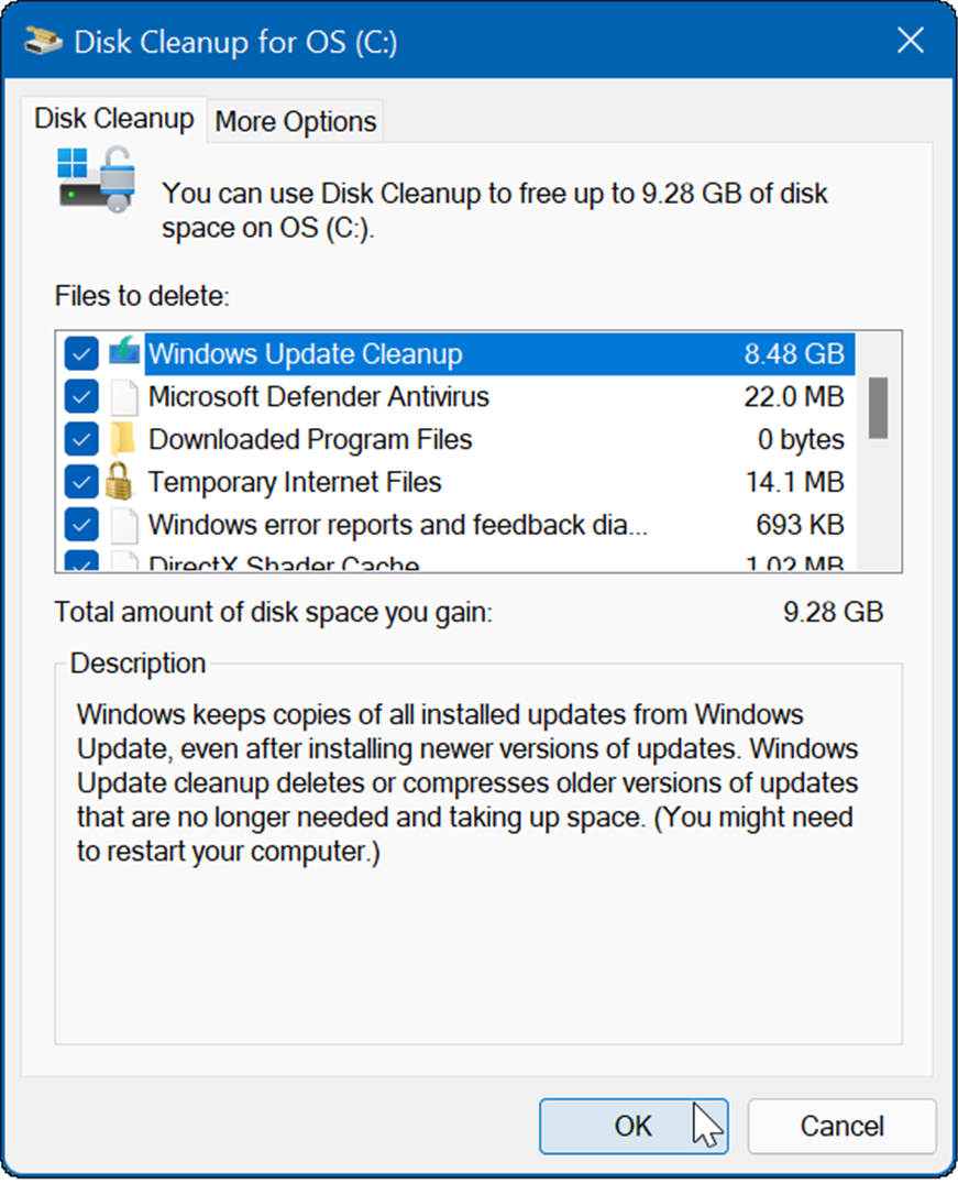 o resultado será vários arquivos temporários, incluindo a limpeza do Windows Update