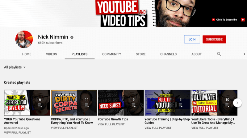 captura de tela da página principal do canal nick nimmin do youtube na guia da lista de reprodução, mostrando várias listas de reprodução criadas