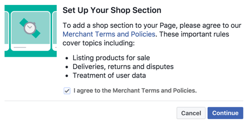 Concorde com os Termos e Políticas do Comerciante para configurar sua seção de Loja do Facebook.