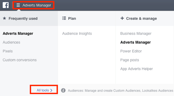 Navegue até o painel de Audiências em seu Facebook Ads Manager.