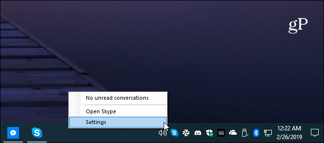 Bandeja do sistema de configurações do Skype
