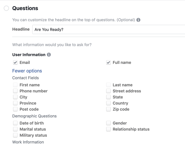 Opções de perguntas para uma campanha publicitária líder no Facebook.
