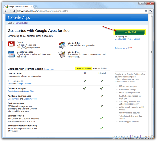 Link do Google Apps Standard Edition Primeiros passos