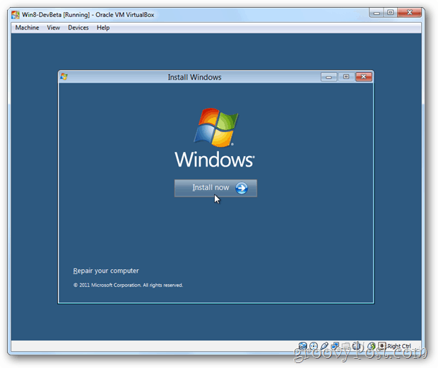 Caixa de instalação do VirtualBox Windows 8 agora