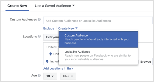 O Gerenciador de anúncios do Facebook cria um público personalizado durante a configuração do anúncio