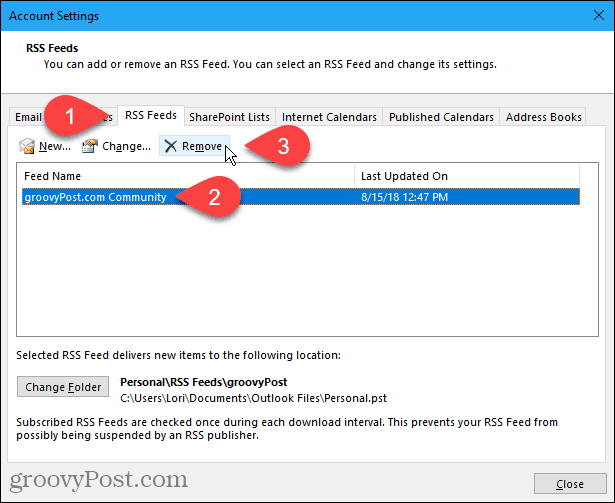 Clique em Remover na guia Feeds RSS na caixa de diálogo Configurações da conta no Outlook