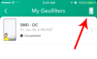 Se você já criou um geofiltro Snapchat, toque no ícone de criação na parte superior da tela.