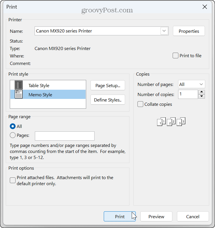 Imprimir um e-mail do Outlook