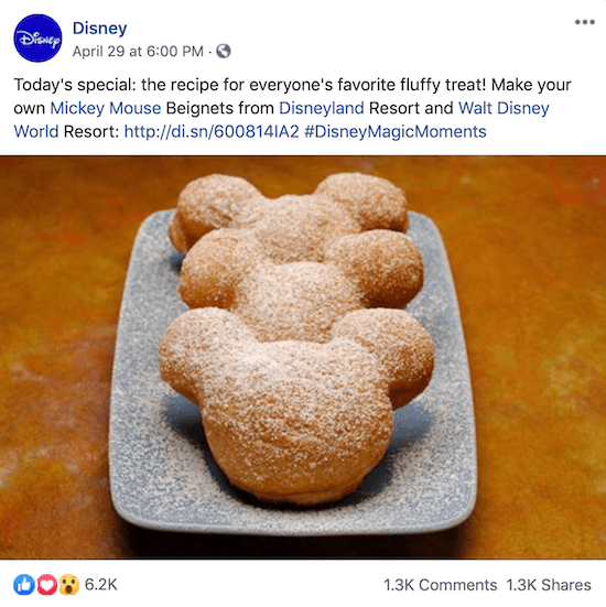 Postagem da Disney no Facebook com link para a receita de beignets do Mickey Mouse