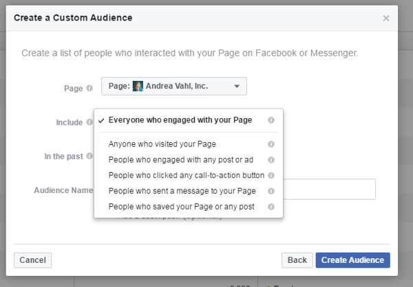 Crie um público personalizado de pessoas que se envolveram com você por meio de sua página ou Messenger.