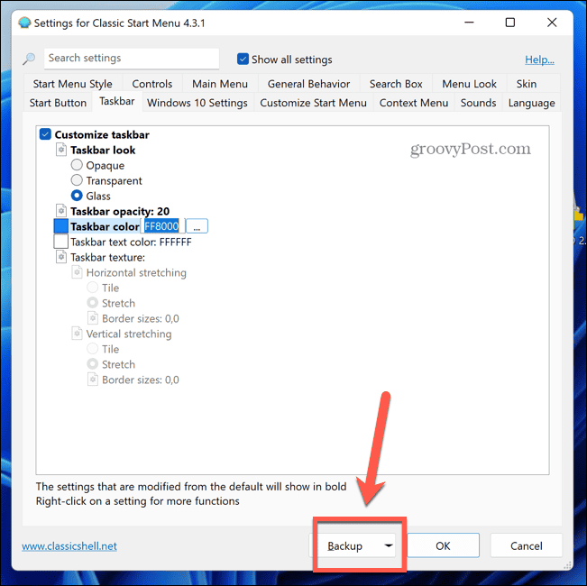 botão de backup do shell clássico do Windows 11