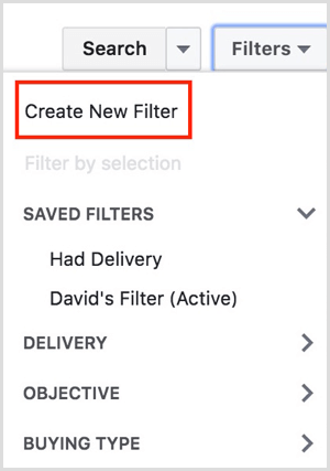 gerenciador de anúncios do Facebook criar novo filtro