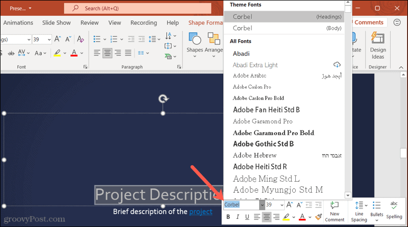 Fontes na barra de ferramentas do PowerPoint no Windows