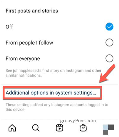 Abra as configurações do sistema para notificações no Instagram